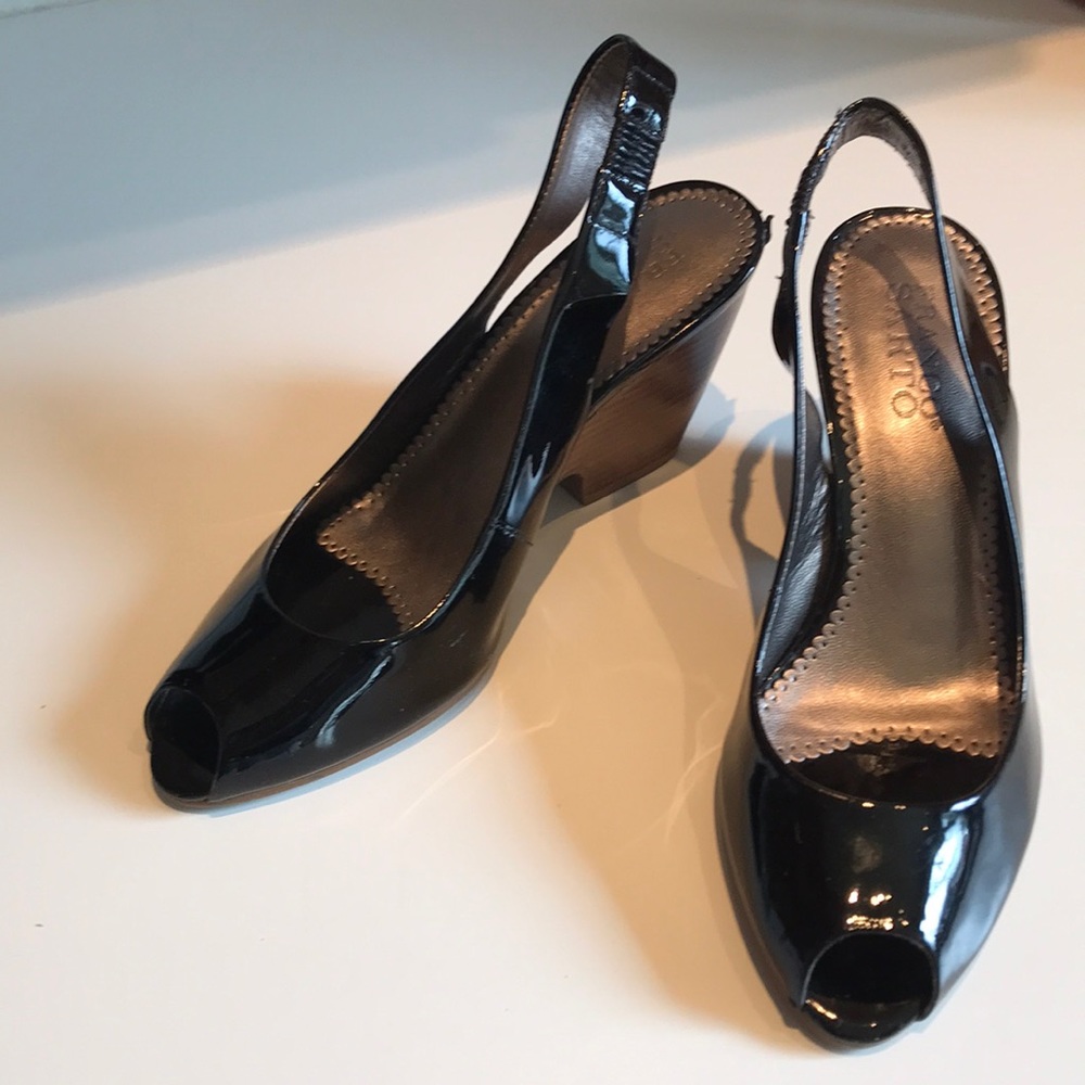 Franco Sarto black patent leather sling back peep toe shoes size 6